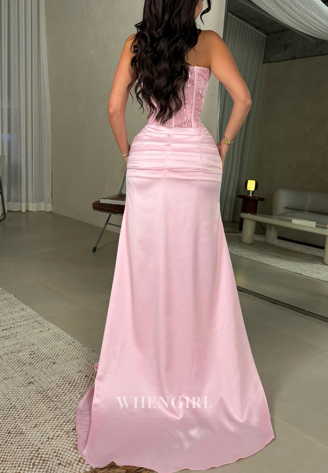 Pink Tube Top Sleeveless Beaded Pleated Sheath Back Zipper Evening Formal Gown