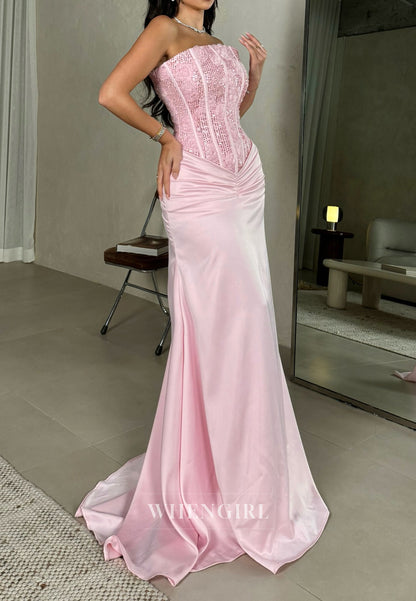 Pink Tube Top Sleeveless Beaded Pleated Sheath Back Zipper Evening Formal Gown