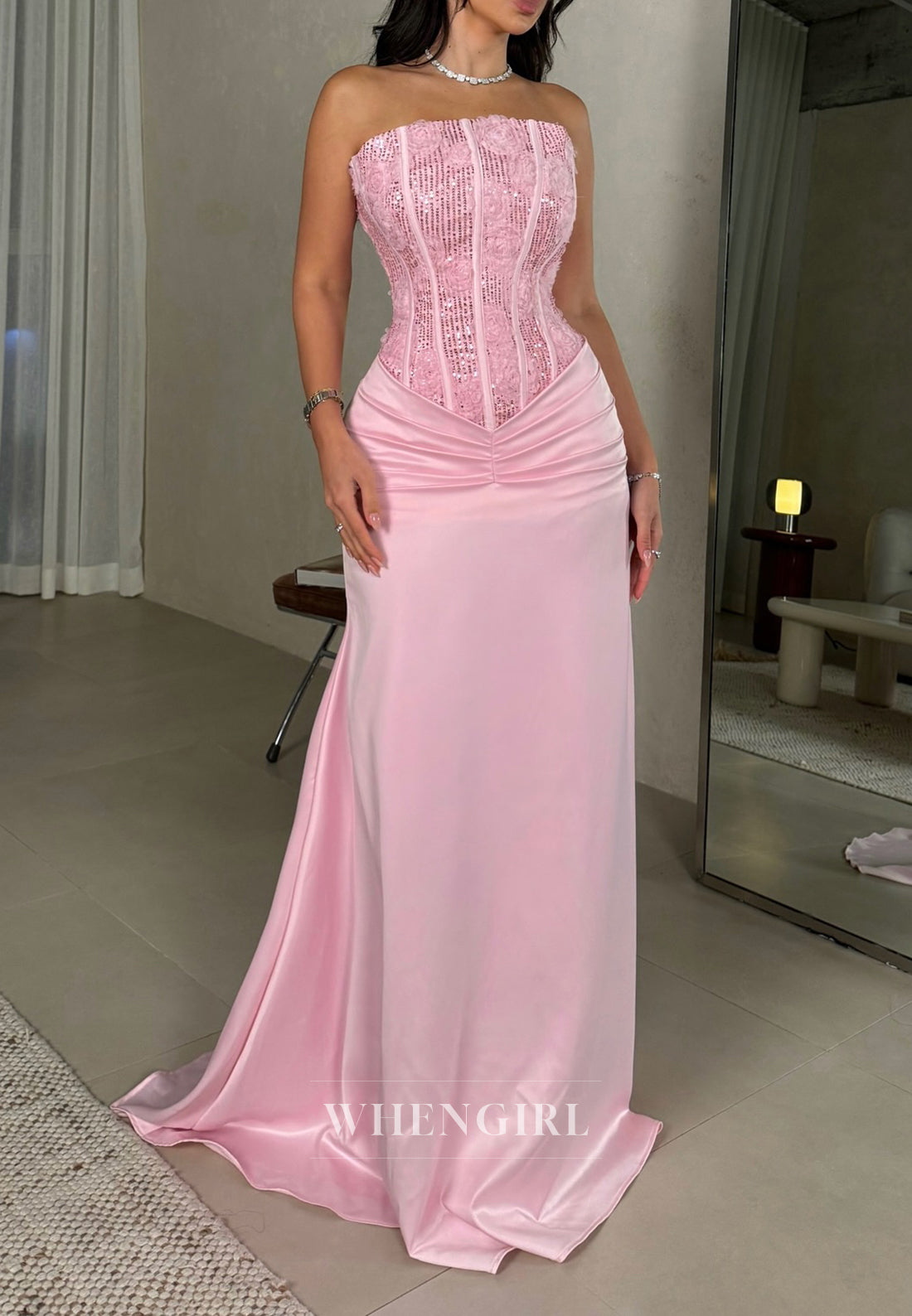 Pink Tube Top Sleeveless Beaded Pleated Sheath Back Zipper Evening Formal Gown