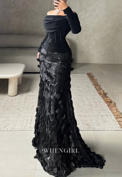 Black Off Shoulder Long Sleeves Pleated Beaded Floral Mermaid Formal Evening Dress