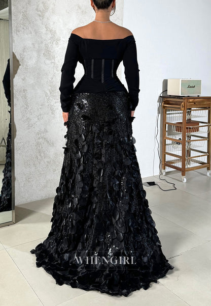 Black Off Shoulder Long Sleeves Pleated Beaded Floral Mermaid Formal Evening Dress