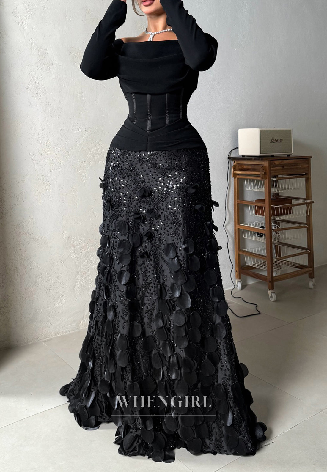 Black Off Shoulder Long Sleeves Pleated Beaded Floral Mermaid Formal Evening Dress