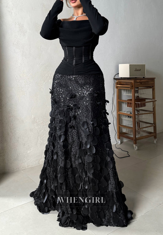 Black Off Shoulder Long Sleeves Pleated Beaded Floral Mermaid Formal Evening Dress