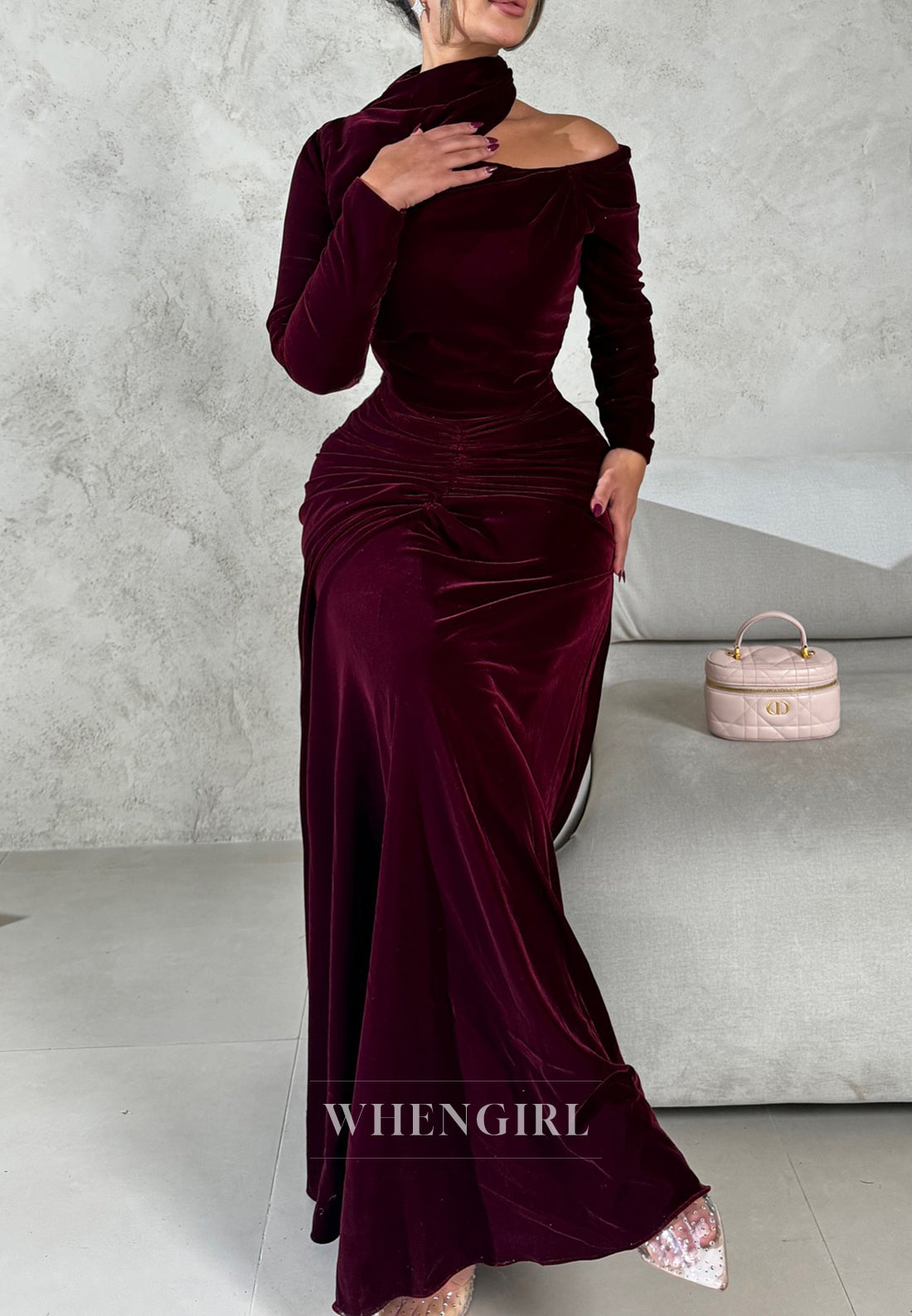 Burgundy Long Sleeves Pleated Asymmetrical Neck Column Evening Formal Dress