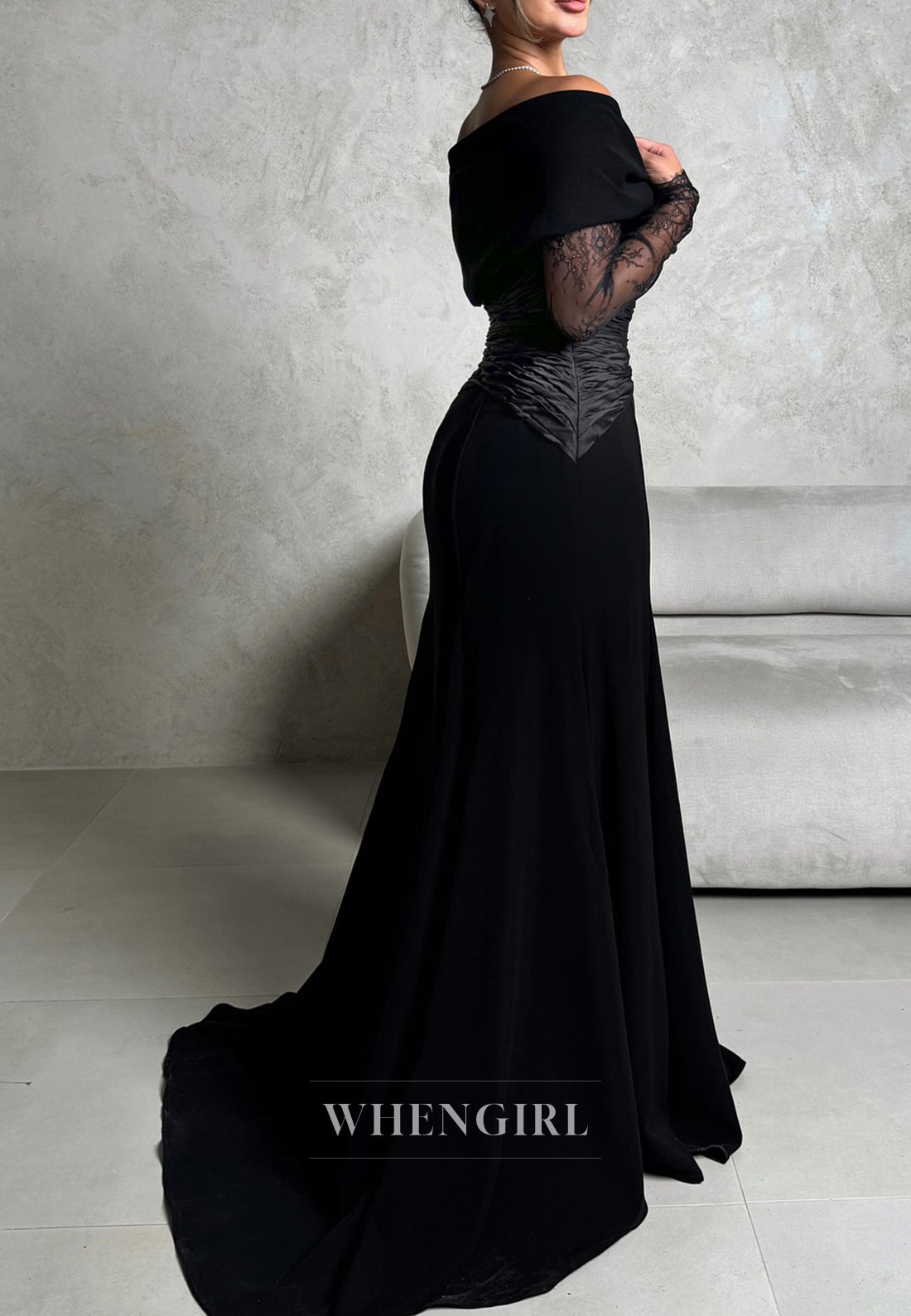 Black Off Shoulder Long Lace Sleeves Pleated Sweep Train Mermaid Evening Formal Gown