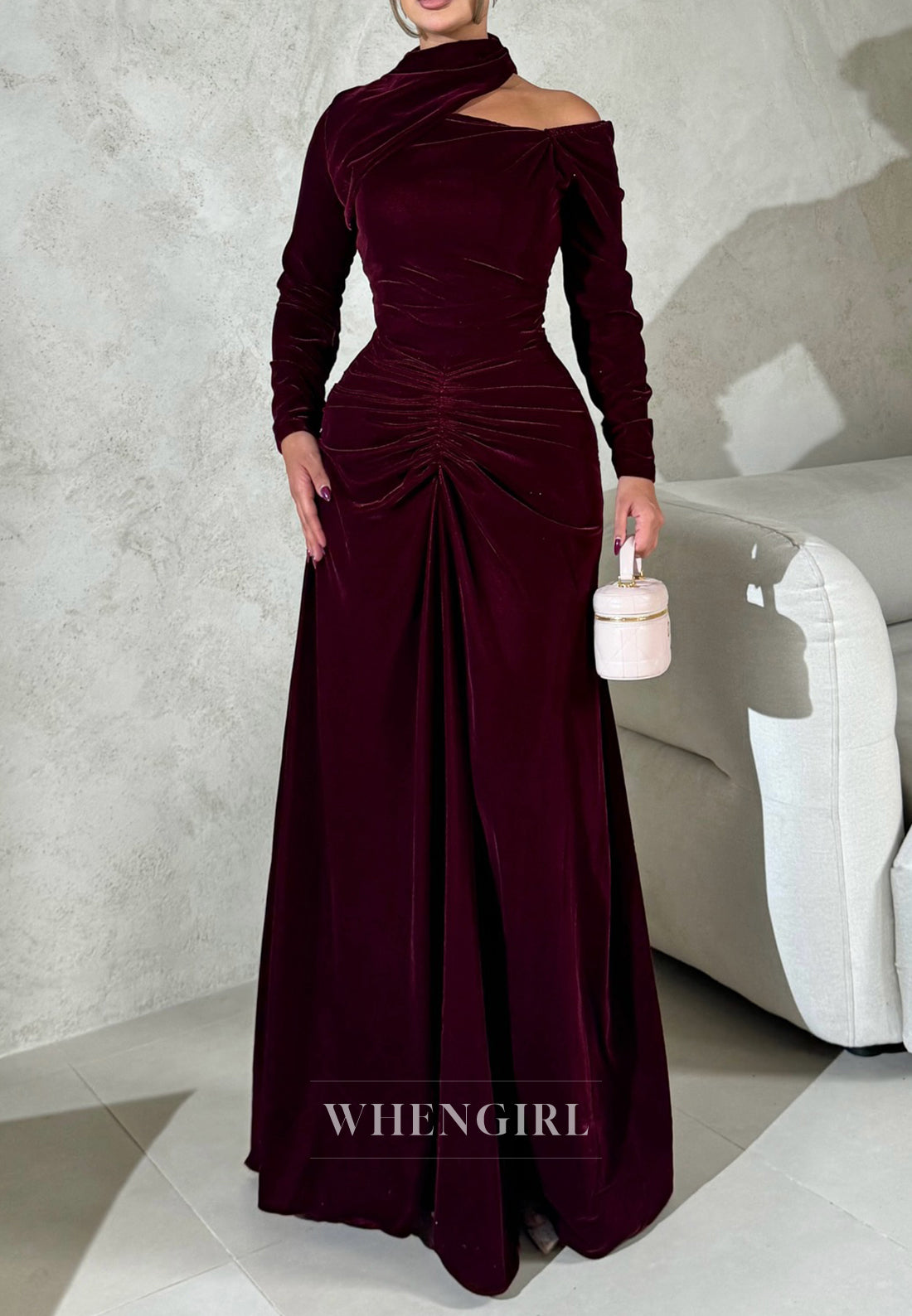 Burgundy Long Sleeves Pleated Asymmetrical Neck Column Evening Formal Dress