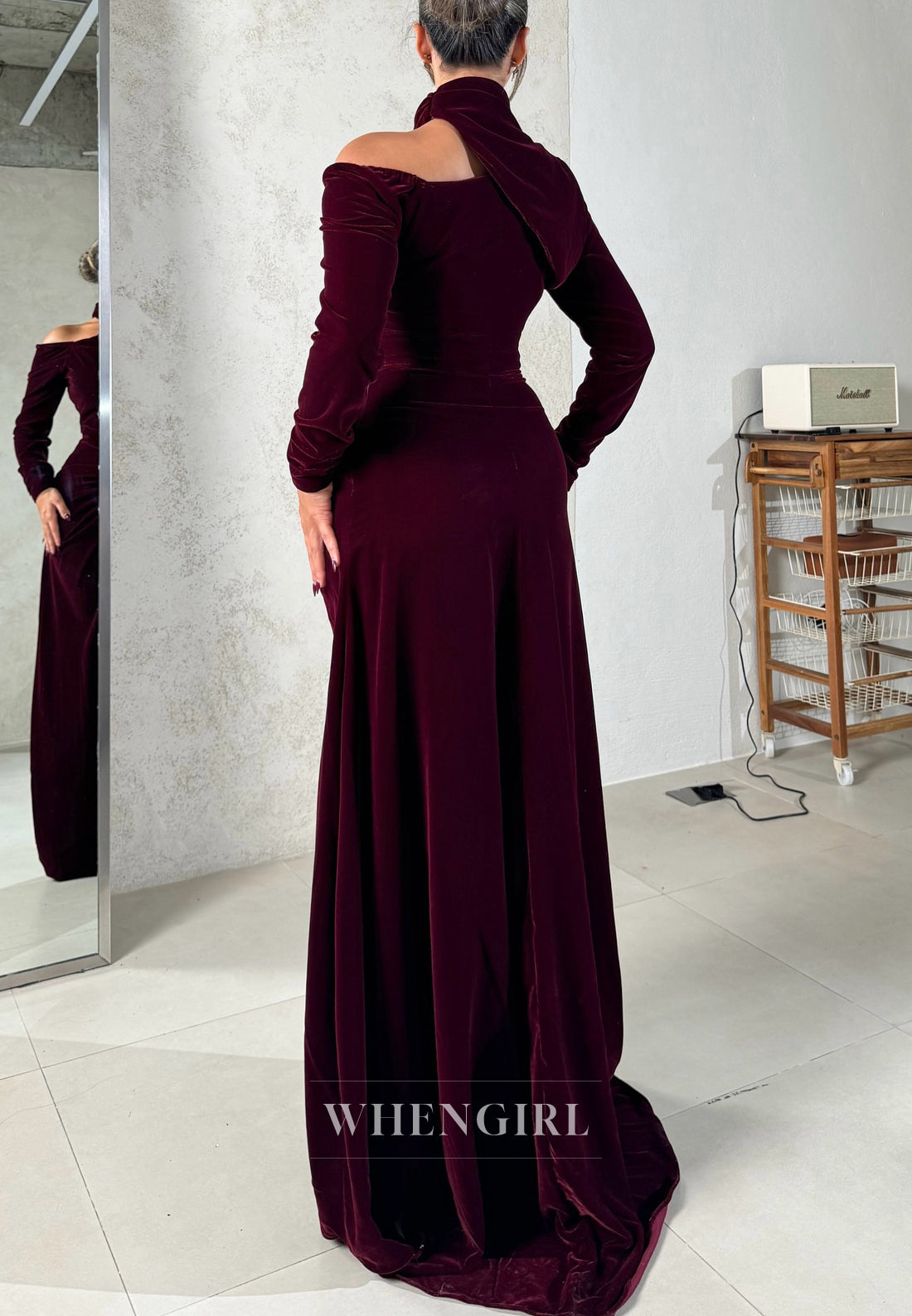 Burgundy Long Sleeves Pleated Asymmetrical Neck Column Evening Formal Dress