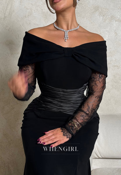 Black Off Shoulder Long Lace Sleeves Pleated Sweep Train Mermaid Evening Formal Gown