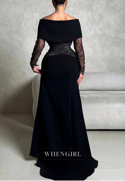 Black Off Shoulder Long Lace Sleeves Pleated Sweep Train Mermaid Evening Formal Gown