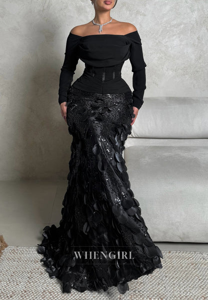 Black Off Shoulder Long Sleeves Pleated Beaded Floral Mermaid Formal Evening Dress