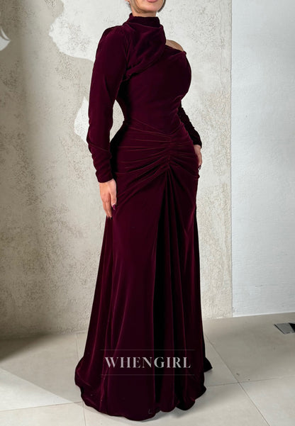 Burgundy Long Sleeves Pleated Asymmetrical Neck Column Evening Formal Dress