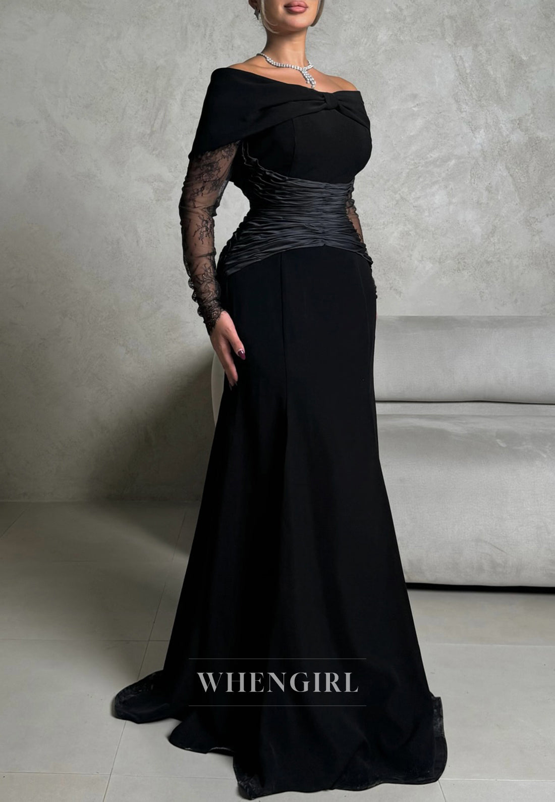 Black Off Shoulder Long Lace Sleeves Pleated Sweep Train Mermaid Evening Formal Gown