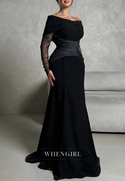 Black Off Shoulder Long Lace Sleeves Pleated Sweep Train Mermaid Evening Formal Gown