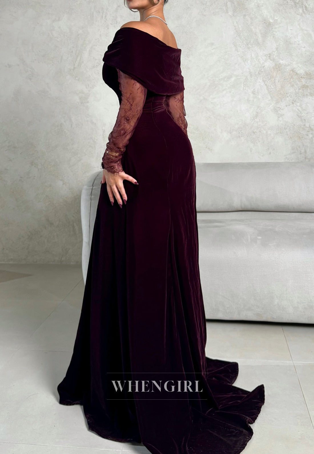 Burgundy Off Shoulder Long Sleeves Bowknot A-Line Evening Formal Gown