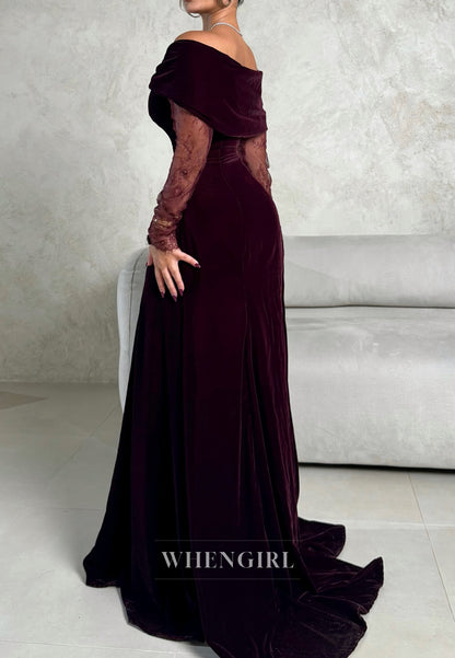Burgundy Off Shoulder Long Sleeves Bowknot A-Line Evening Formal Gown