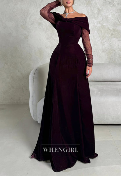Burgundy Off Shoulder Long Sleeves Bowknot A-Line Evening Formal Gown