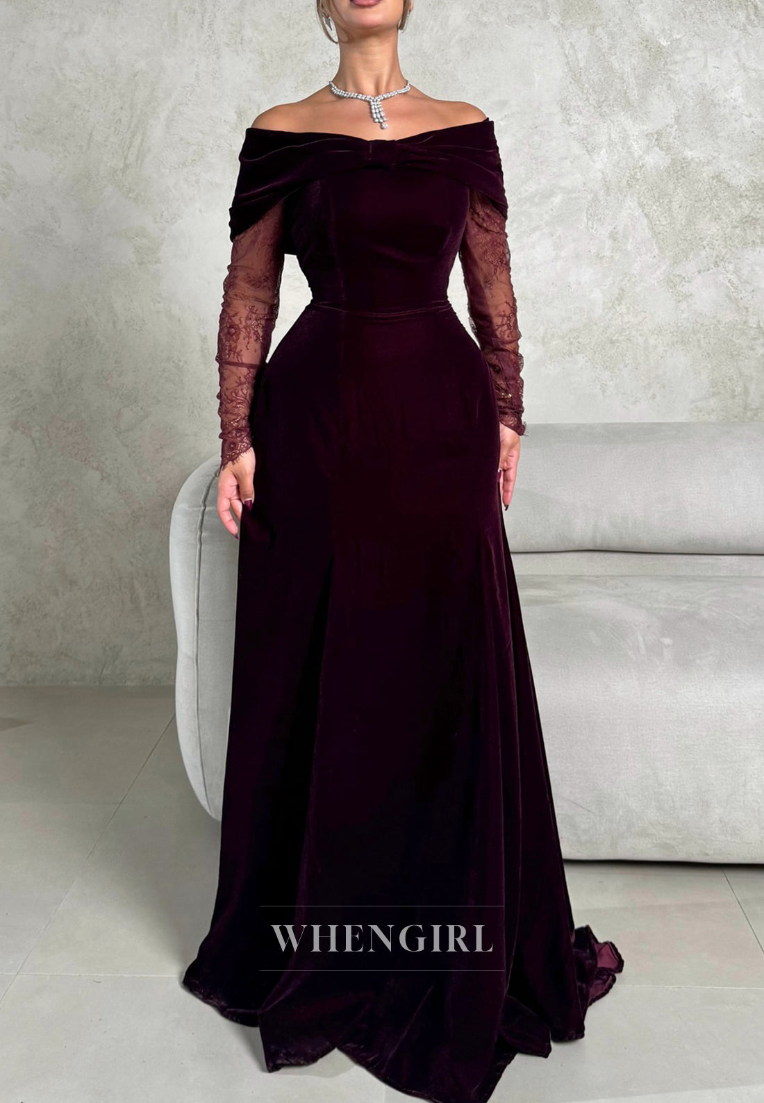 Burgundy Off Shoulder Long Sleeves Bowknot A-Line Evening Formal Gown