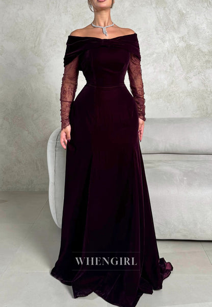 Burgundy Off Shoulder Long Sleeves Bowknot A-Line Evening Formal Gown