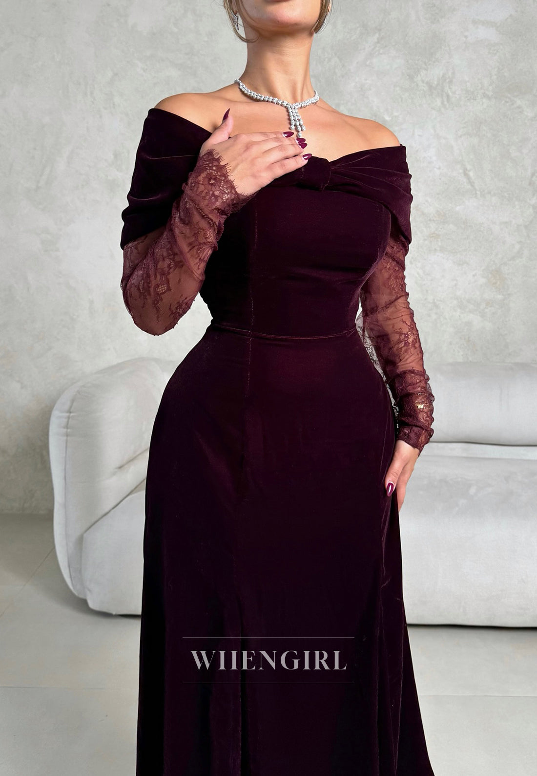 Burgundy Off Shoulder Long Sleeves Bowknot A-Line Evening Formal Gown