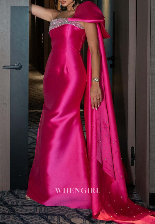Fuchsia Sleeveless Beaded Side Train Formal Dress Sheath One Shoulder Evening Dress