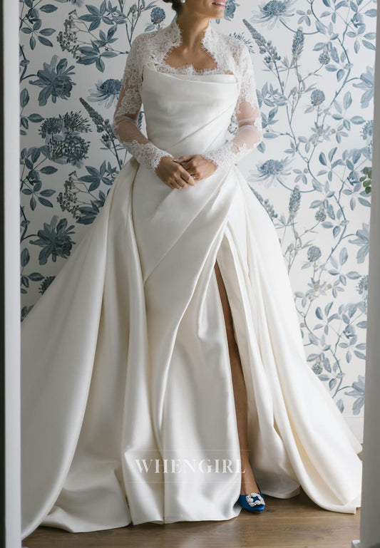 High Neck Long Sleeves Appliqued Lace Top Ruched Side Slit Sheath Wedding Dress with Train