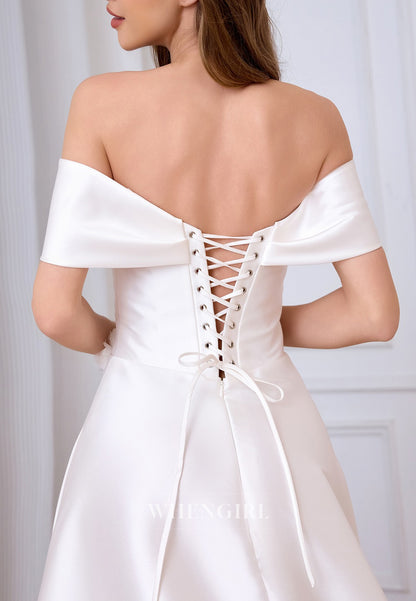 A-Line Off Shoulder Appliques Floral Lace Up Wedding Dress with Sweep Train