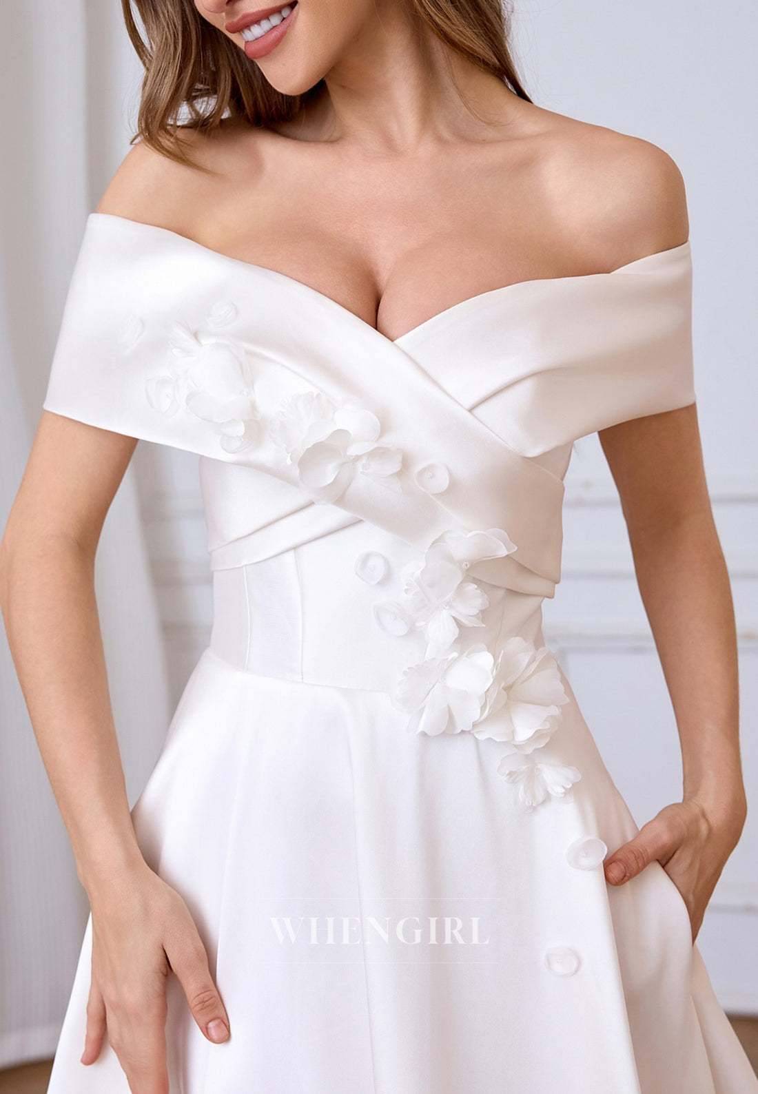 A-Line Off Shoulder Appliques Floral Lace Up Wedding Dress with Sweep Train