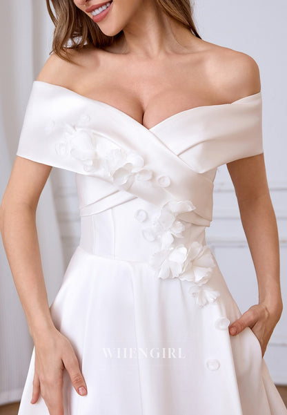 A-Line Off Shoulder Appliques Floral Lace Up Wedding Dress with Sweep Train