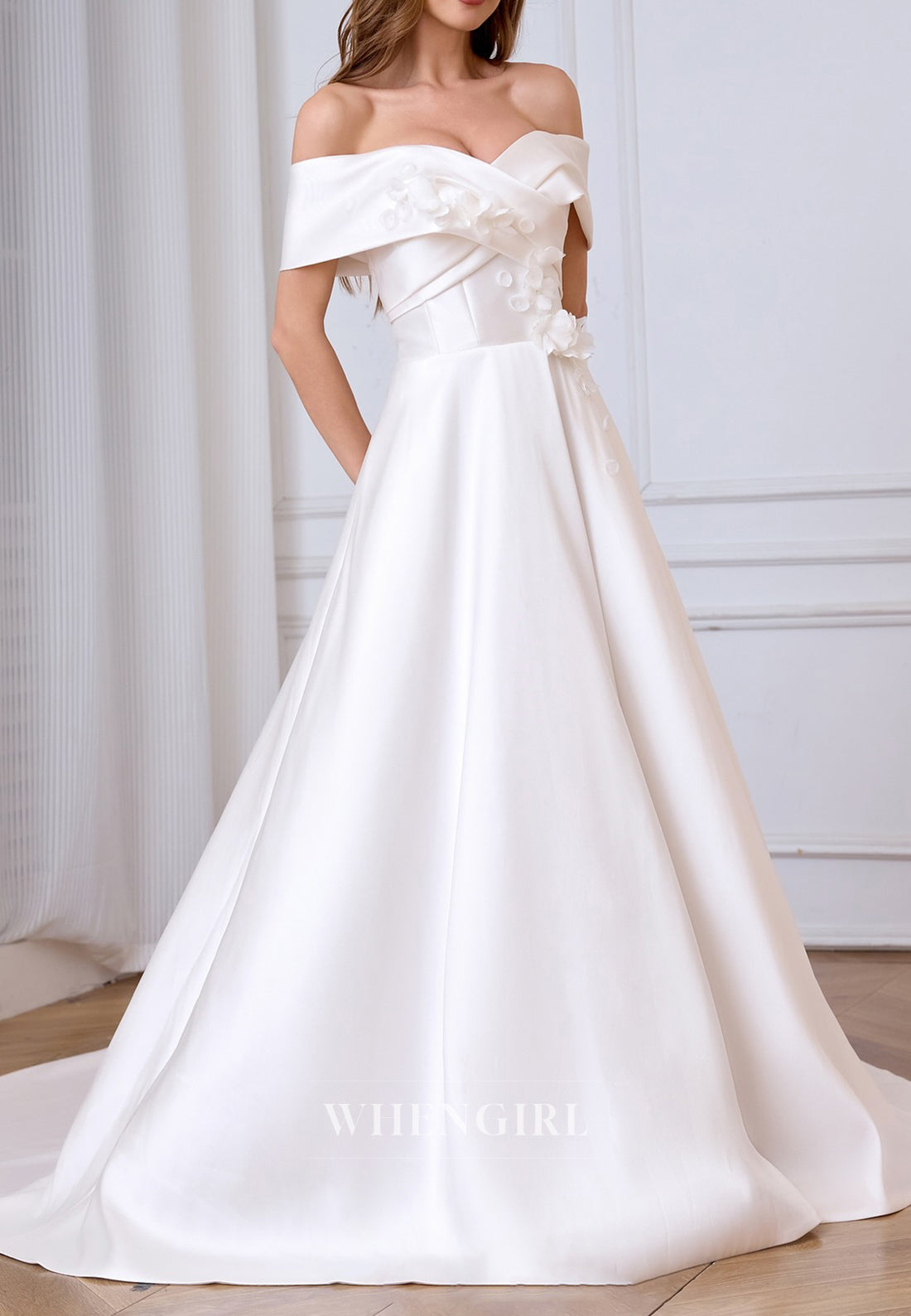 A-Line Off Shoulder Appliques Floral Lace Up Wedding Dress with Sweep Train