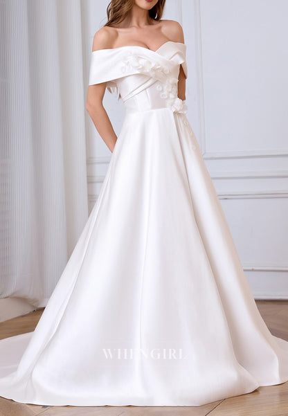 A-Line Off Shoulder Appliques Floral Lace Up Wedding Dress with Sweep Train