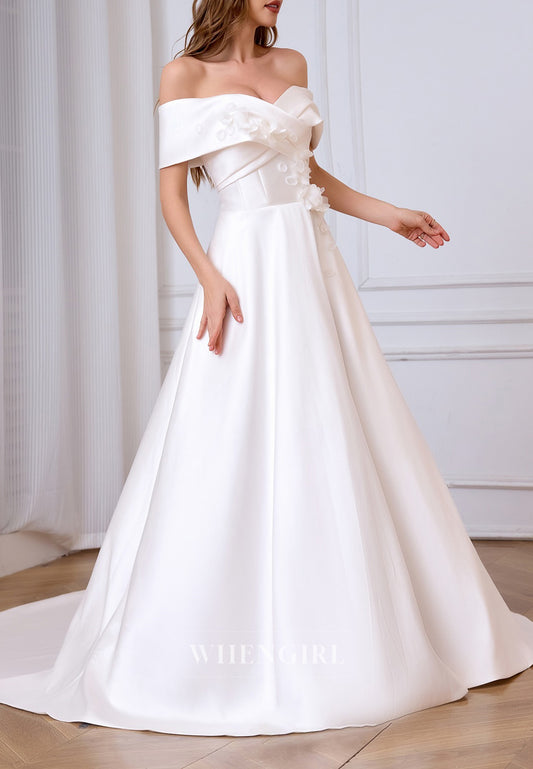 A-Line Off Shoulder Appliques Floral Lace Up Wedding Dress with Sweep Train