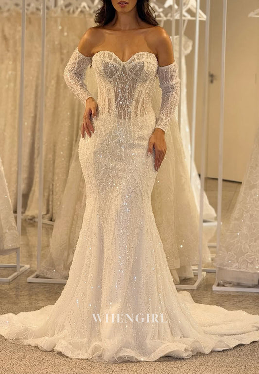 Sweetheart Beaded Long Sleeves Strapless Mermaid Wedding Dress with Sweep Train