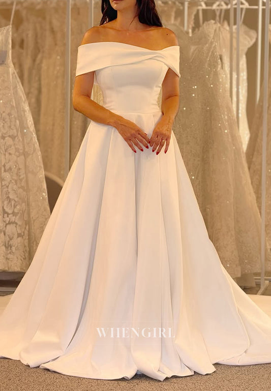 Off Shoulder Simple Sleeveless A-Line Court Train Classic Wedding Dress