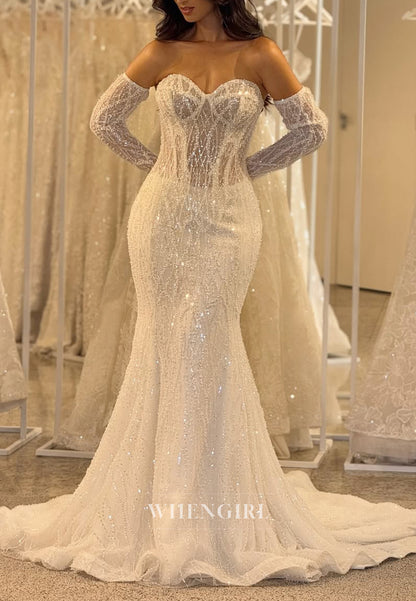 Sweetheart Beaded Long Sleeves Strapless Mermaid Wedding Dress with Sweep Train
