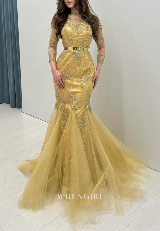 Gold Scoop Neck Embroidery Beads Tulle Mermaid Formal Evening Dress with 3/4 Sleeves