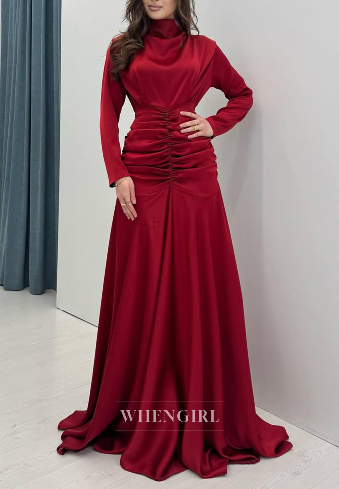 Burgundy High Neck Pleated Sheath Formal Evening Dress with Long Sleeves and Sweep Train