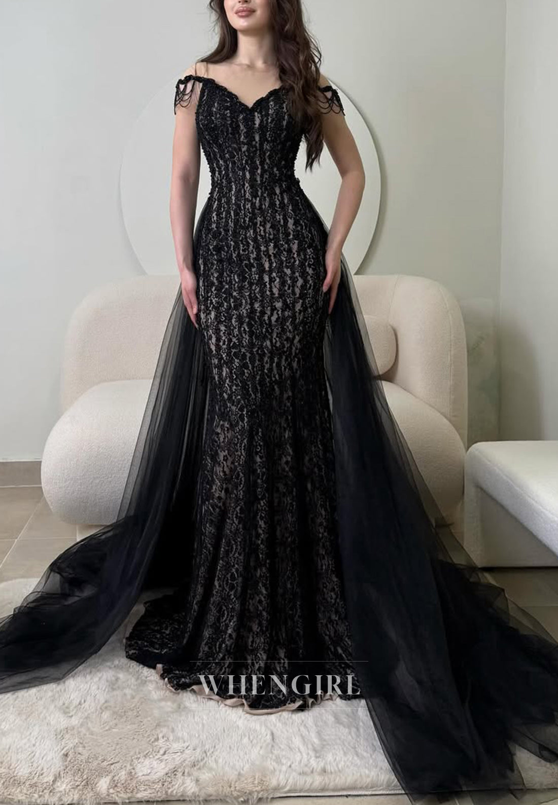 Black Sleeveless V Neck Mermaid Embroidery Lace Evening Formal Dress with Tulle Train