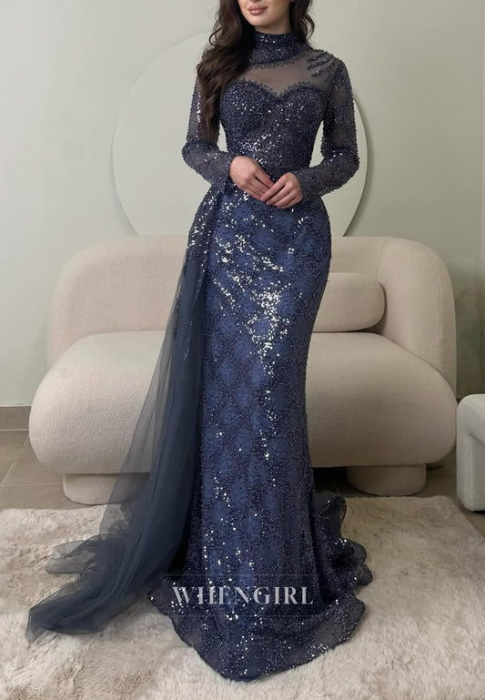 Navy High Neck Beaded Sheath Formal Evening Gown with Long Sleeves and Sweep Train