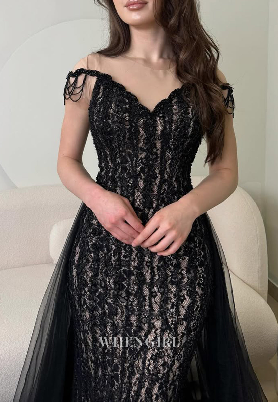 Black Sleeveless V Neck Mermaid Embroidery Lace Evening Formal Dress with Tulle Train