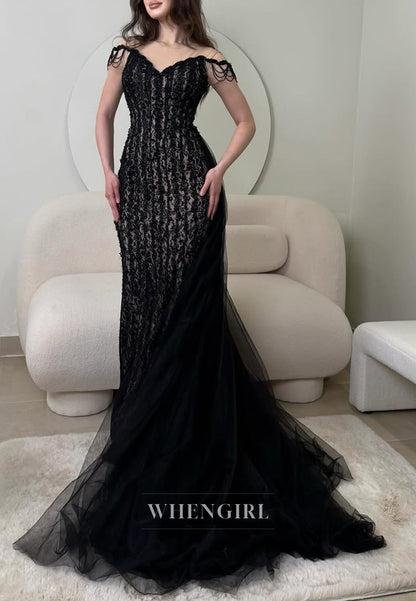 Black Sleeveless V Neck Mermaid Embroidery Lace Evening Formal Dress with Tulle Train