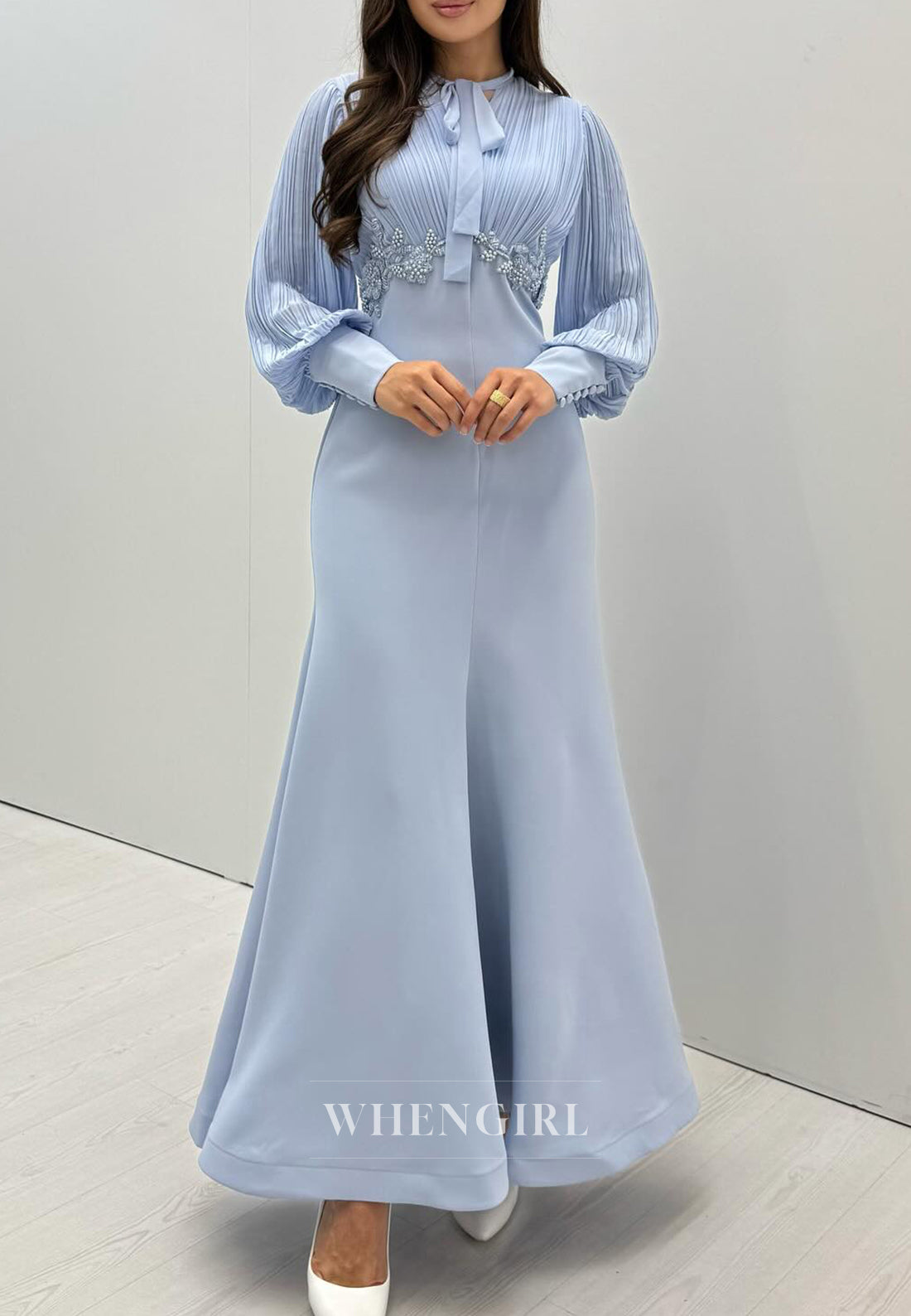 Mermaid Ankle Length Long Sleeves Evening Dress Beaded Formal Gown