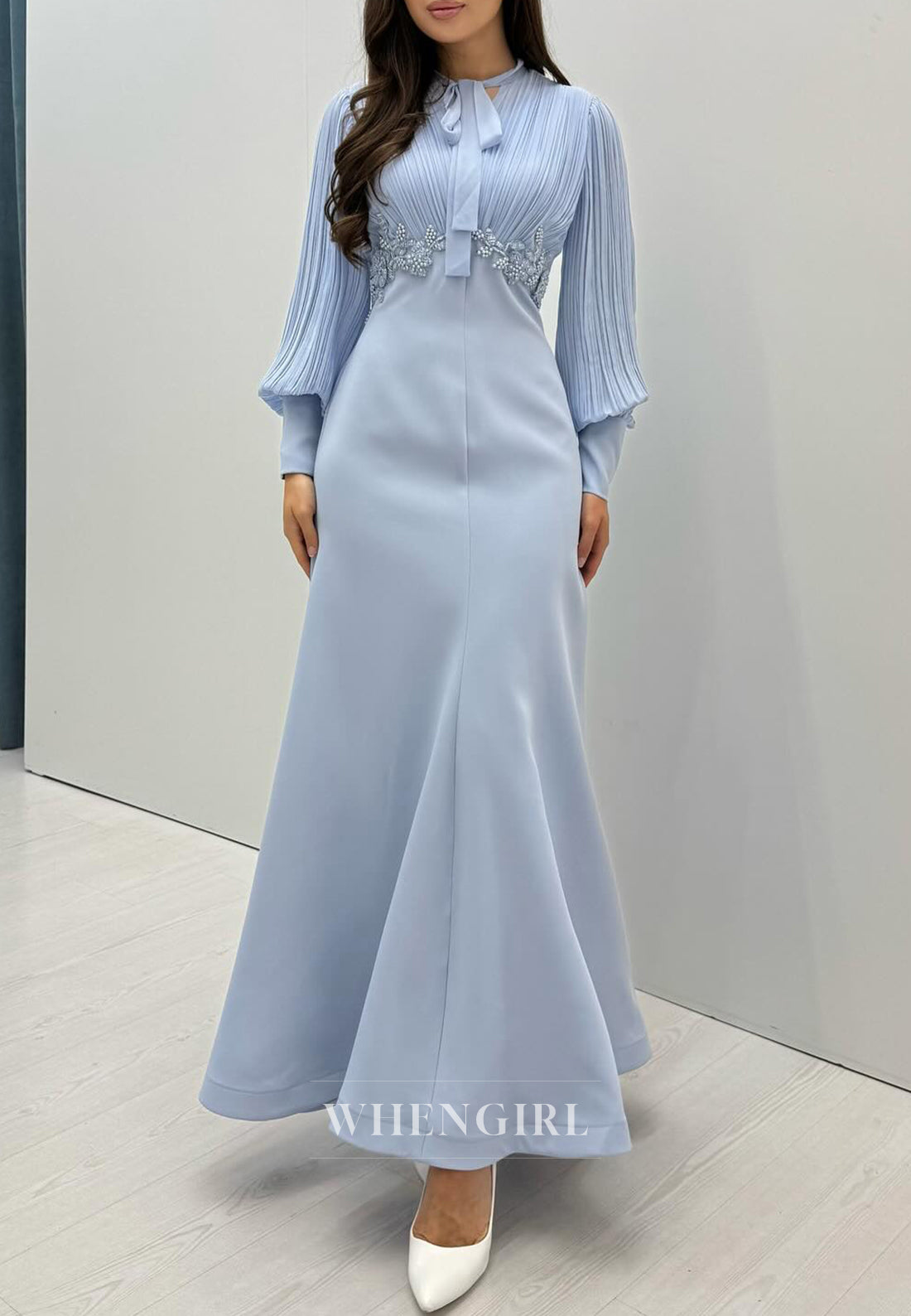 Mermaid Ankle Length Long Sleeves Evening Dress Beaded Formal Gown