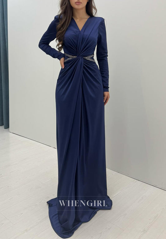 Navy V Neck Long Sleeves Evening Dress Sheath Pleated Long Formal Dress
