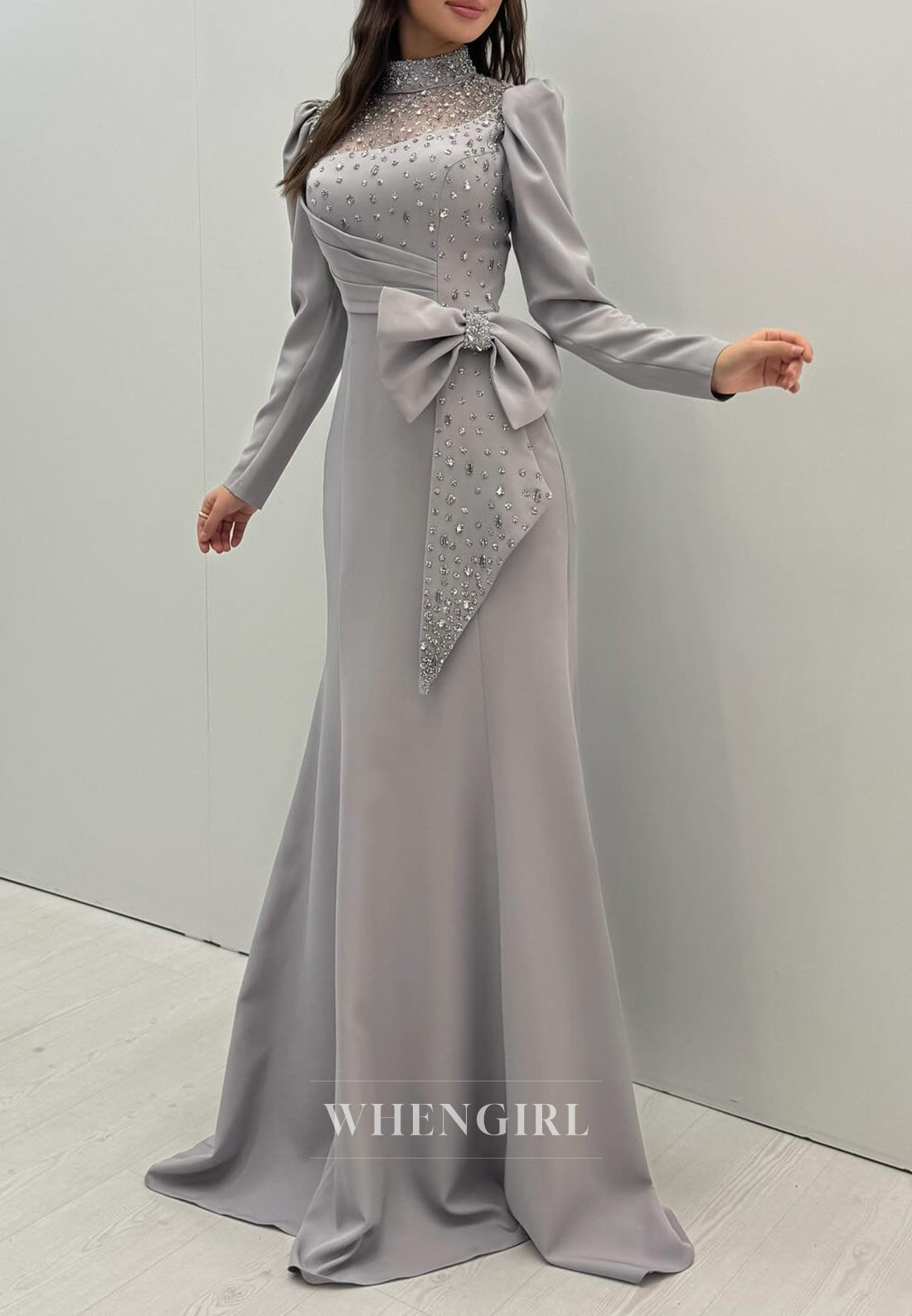 Gray Long Sleeves High Neck Bowknot Mermaid Evening Formal Dress