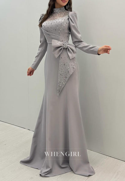 Gray Long Sleeves High Neck Bowknot Mermaid Evening Formal Dress