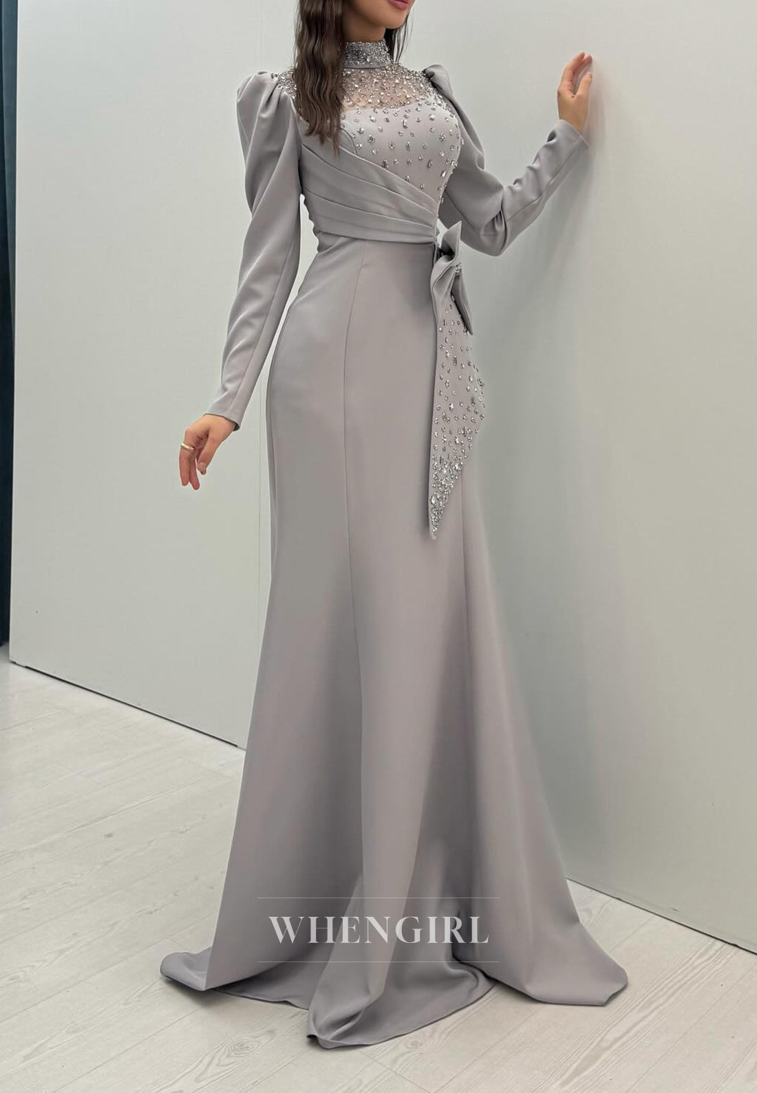 Gray Long Sleeves High Neck Bowknot Mermaid Evening Formal Dress
