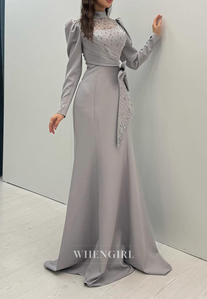 Gray Long Sleeves High Neck Bowknot Mermaid Evening Formal Dress