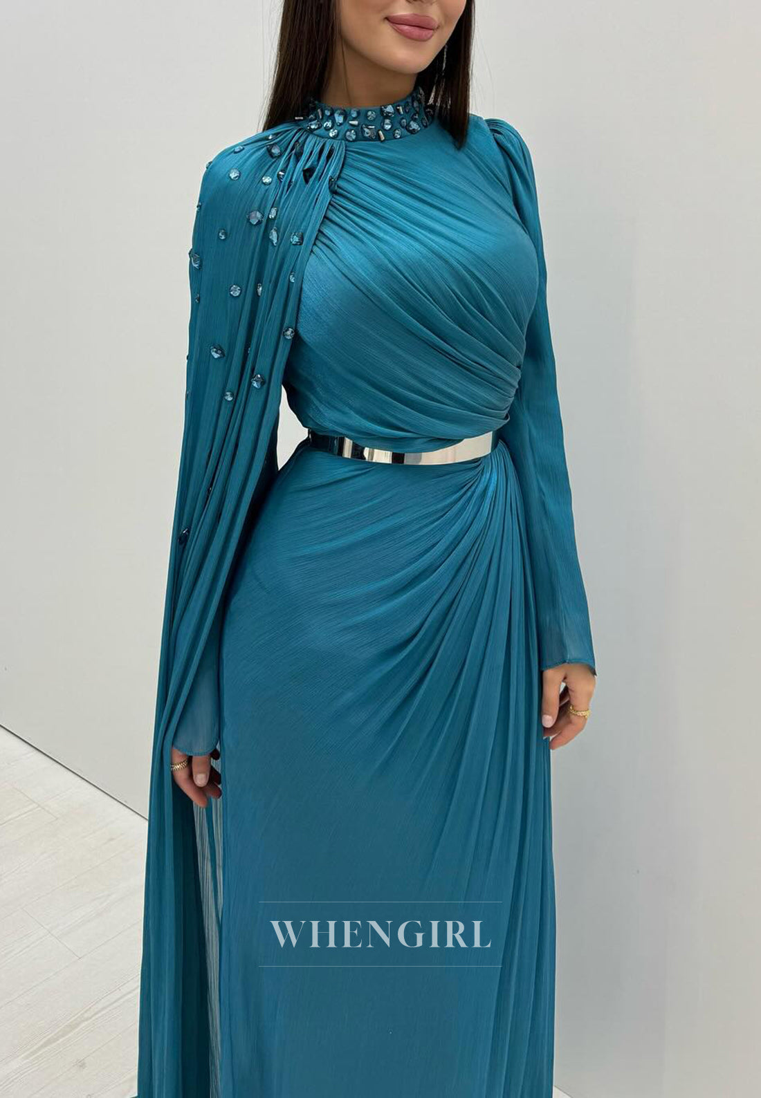 Peacock High Neck Rhinestones Beaded Long Sleeves Pleated Long Evening Party Gown