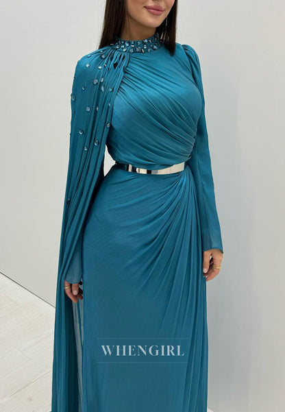 Peacock High Neck Rhinestones Beaded Long Sleeves Pleated Long Evening Party Gown