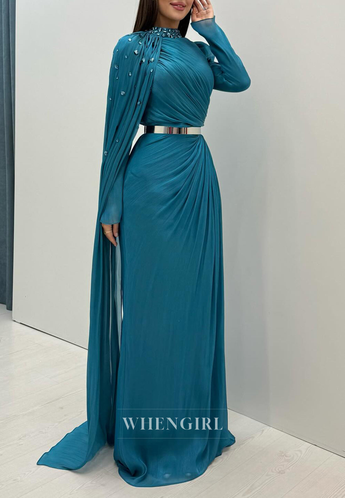 Peacock High Neck Rhinestones Beaded Long Sleeves Pleated Long Evening Party Gown